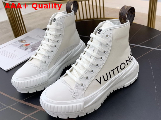 LV Squad Sneaker Boot in White Cotton Canvas and Calf Leather Trim Replica