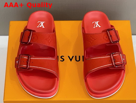 LV Trainer Mule Red Monogram Embossed Suede Calf Leather Replica