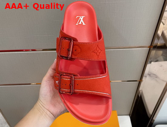 LV Trainer Mule Red Monogram Embossed Suede Calf Leather Replica