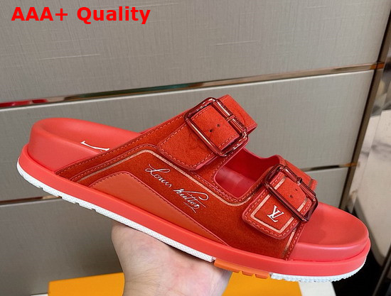 LV Trainer Mule Red Monogram Embossed Suede Calf Leather Replica