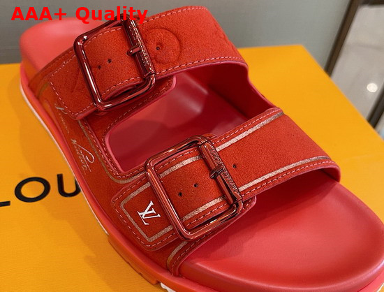 LV Trainer Mule Red Monogram Embossed Suede Calf Leather Replica