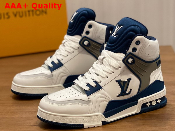 LV Trainer Sneaker Boot in White and Blue Calf Leather Replica