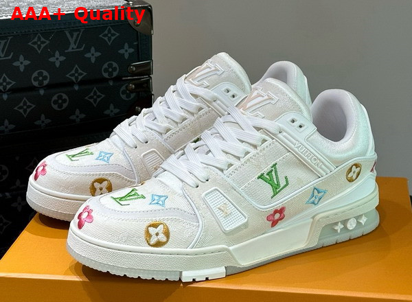 LV Trainer Sneaker in Beige Monogram Denim with Multicolor Jacquard Monogram Flowers Replica