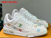 LV Trainer Sneaker in Beige Monogram Denim with Multicolor Jacquard Monogram Flowers Replica