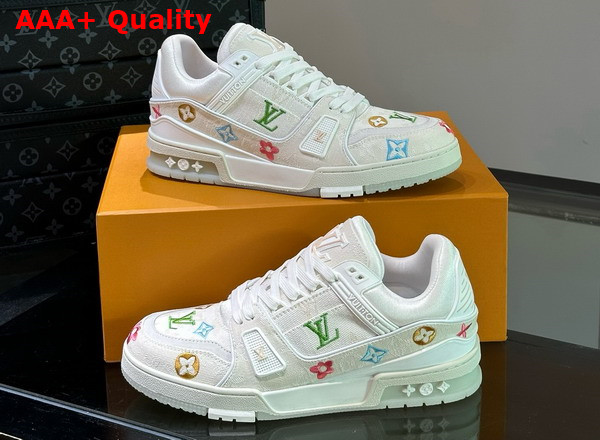 LV Trainer Sneaker in Beige Monogram Denim with Multicolor Jacquard Monogram Flowers Replica