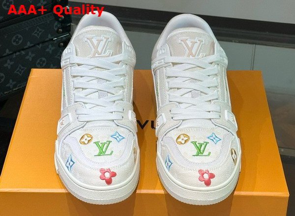 LV Trainer Sneaker in Beige Monogram Denim with Multicolor Jacquard Monogram Flowers Replica