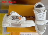 LV Trainer Sneaker in Beige Nubuck Calf Leather and Grained Calf Leather Features a Distorted Monogram Flower On The Side 1ACW44 Replica