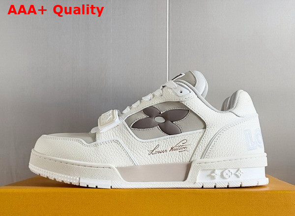 LV Trainer Sneaker in Beige Nubuck Calf Leather and Grained Calf Leather Features a Distorted Monogram Flower On The Side 1ACW44 Replica