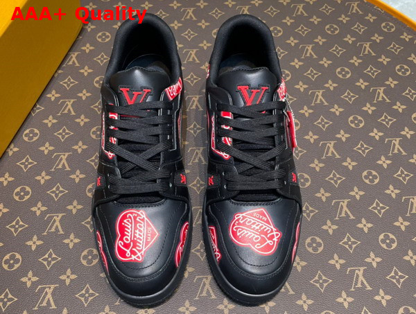 LV Trainer Sneaker in Black Calf Leather Printed with the Red Louis Vuitton2 Heart Logo 1A9JBB Replica