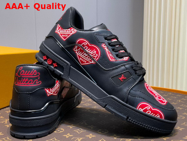 LV Trainer Sneaker in Black Calf Leather Printed with the Red Louis Vuitton2 Heart Logo 1A9JBB Replica