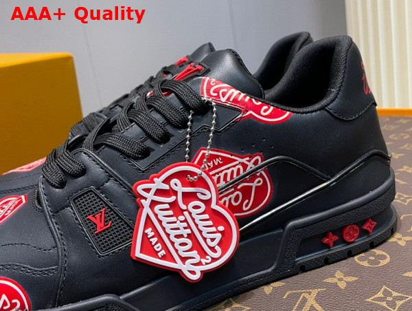 LV Trainer Sneaker in Black Calf Leather Printed with the Red Louis Vuitton2 Heart Logo 1A9JBB Replica