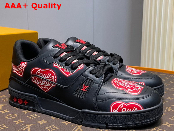 LV Trainer Sneaker in Black Calf Leather Printed with the Red Louis Vuitton2 Heart Logo 1A9JBB Replica