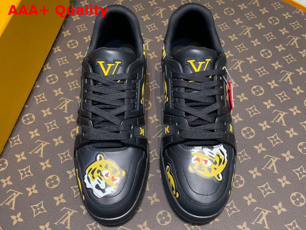 LV Trainer Sneaker in Black Calf Leather Printed with the Tiger Motif 1A9JBV Replica