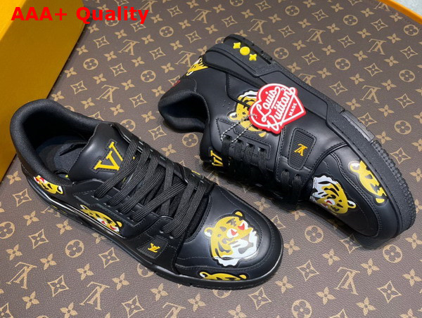 LV Trainer Sneaker in Black Calf Leather Printed with the Tiger Motif 1A9JBV Replica