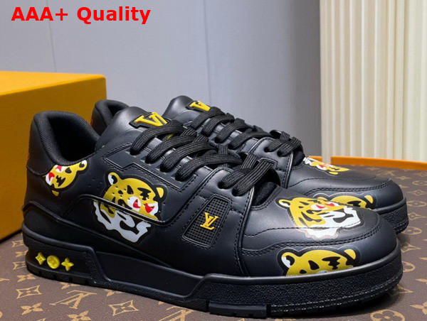 LV Trainer Sneaker in Black Calf Leather Printed with the Tiger Motif 1A9JBV Replica