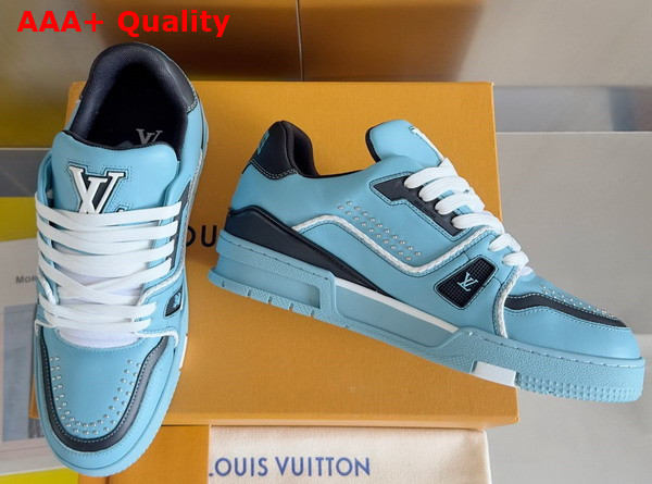 LV Trainer Sneaker in Blue Grained Calf Leather with Colorful Accents 1AD7K6 Replica