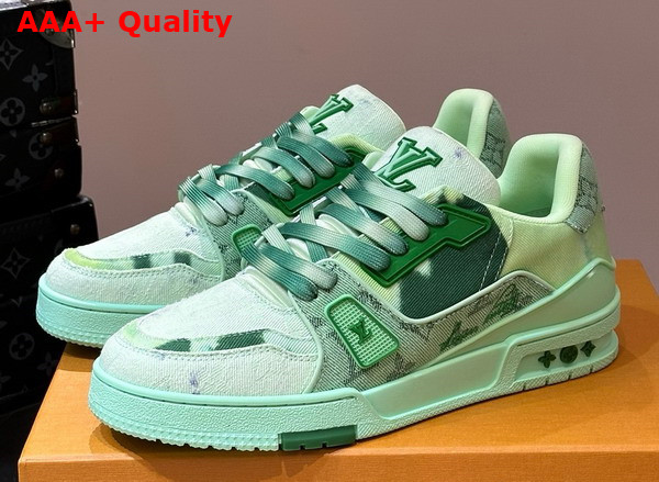 LV Trainer Sneaker in Green Bleached Monogram Denim 1ACVNT Replica