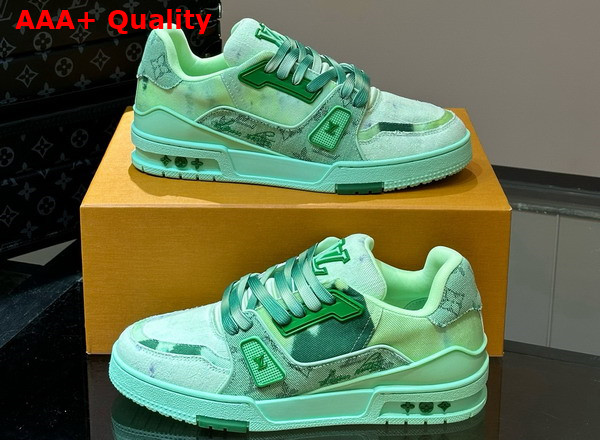 LV Trainer Sneaker in Green Bleached Monogram Denim 1ACVNT Replica