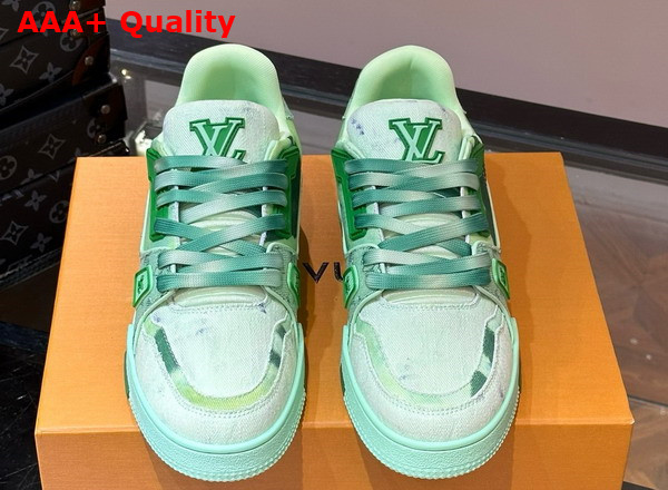 LV Trainer Sneaker in Green Bleached Monogram Denim 1ACVNT Replica