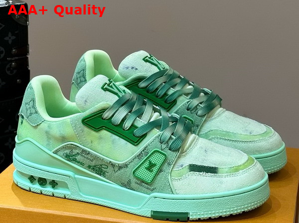 LV Trainer Sneaker in Green Bleached Monogram Denim 1ACVNT Replica