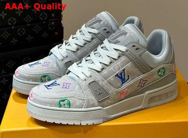 LV Trainer Sneaker in Grey Monogram Denim with Multicolor Jacquard Monogram Flowers Replica