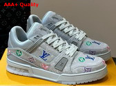 LV Trainer Sneaker in Grey Monogram Denim with Multicolor Jacquard Monogram Flowers Replica