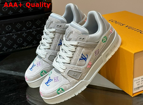 LV Trainer Sneaker in Grey Monogram Denim with Multicolor Jacquard Monogram Flowers Replica