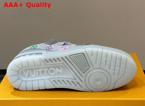 LV Trainer Sneaker in Grey Monogram Denim with Multicolor Jacquard Monogram Flowers Replica