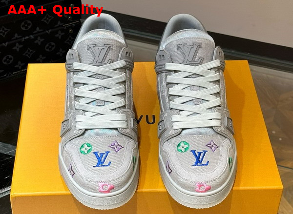 LV Trainer Sneaker in Grey Monogram Denim with Multicolor Jacquard Monogram Flowers Replica