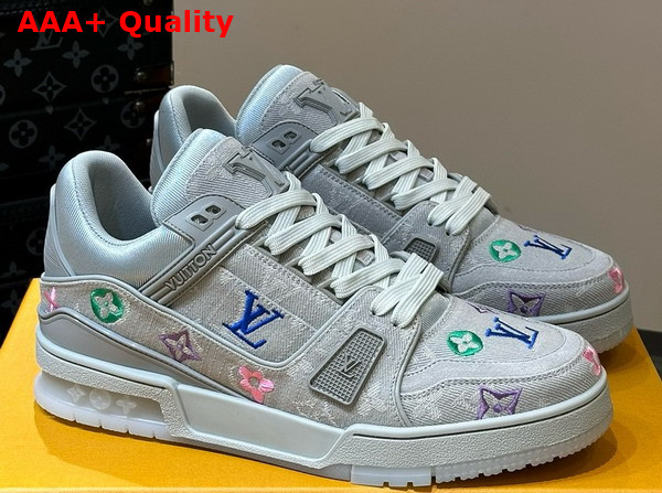 LV Trainer Sneaker in Grey Monogram Denim with Multicolor Jacquard Monogram Flowers Replica