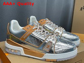 LV Trainer Sneaker in Metallic Silver Leather Embossed with the Monogram Pattern 1A996N Replica