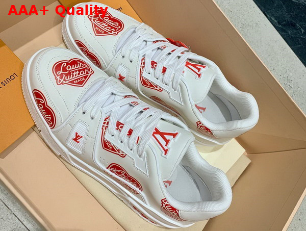 LV Trainer Sneaker in White Calf Leather Printed with the Red Louis Vuitton2 Heart Logo 1A9JAF Replica