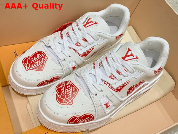 LV Trainer Sneaker in White Calf Leather Printed with the Red Louis Vuitton2 Heart Logo 1A9JAF Replica