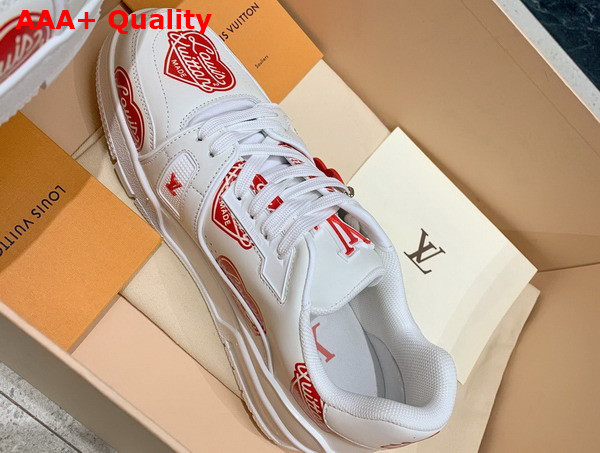 LV Trainer Sneaker in White Calf Leather Printed with the Red Louis Vuitton2 Heart Logo 1A9JAF Replica