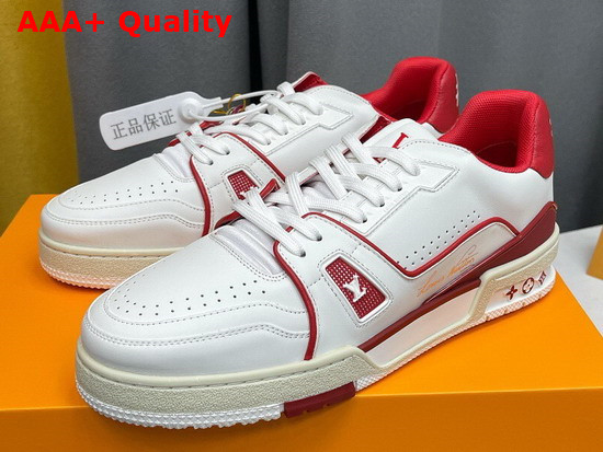 LV Trainer Sneaker in White Calf Leather with Dark Red Detailing Number 54 Signature at the Back of the Sneaker 1A8ZQ0 Replica