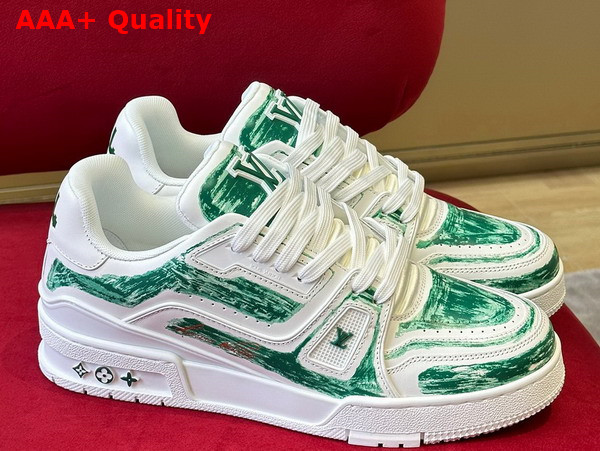 LV Trainer Sneaker in White Calf Leather with Green Graffiti Replica