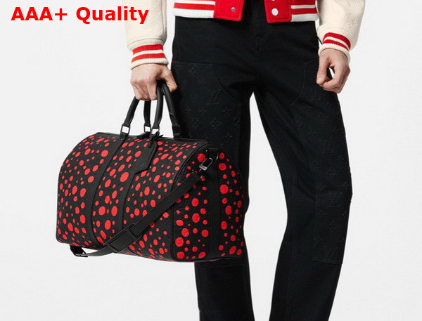 LV X YK Keepall 50 Taurillon Monogram Cowhide with Infinity Dots Print Black and Red M21674 Replica