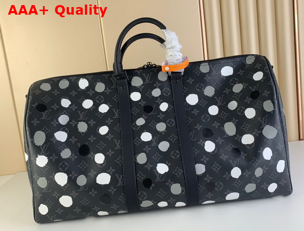 LV X YK keepall 50 Black and Silver Monogram Eclipse Coated Canvas with 3D Painted Dots Print Replica