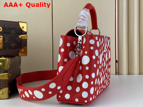 LV x YK Capucines BB Handbag in Red and White Taurillon Bull Calf Lather with Infinity Dots Print Replica