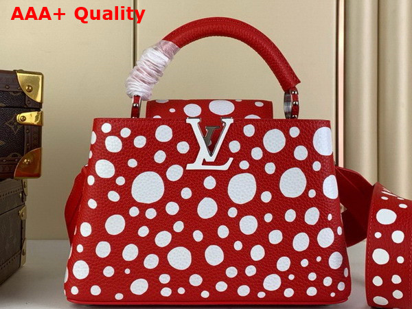 LV x YK Capucines BB Handbag in Red and White Taurillon Bull Calf Lather with Infinity Dots Print Replica