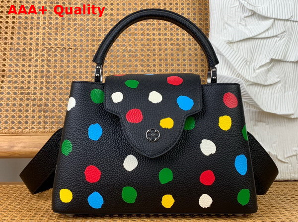 LV x YK Capucines MM Black Taurillon Bull Calf Leather with 3D Painted Dots Print M21663 Replica