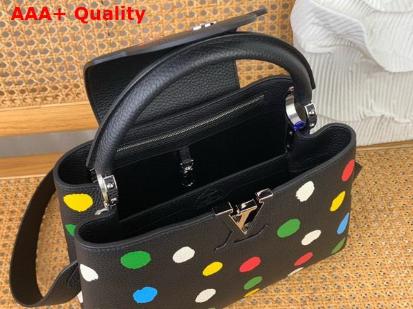 LV x YK Capucines MM Black Taurillon Bull Calf Leather with 3D Painted Dots Print M21663 Replica