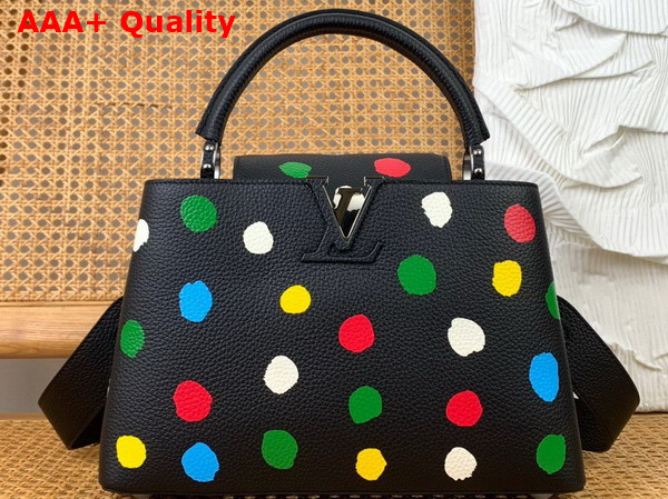 LV x YK Capucines MM Black Taurillon Bull Calf Leather with 3D Painted Dots Print M21663 Replica