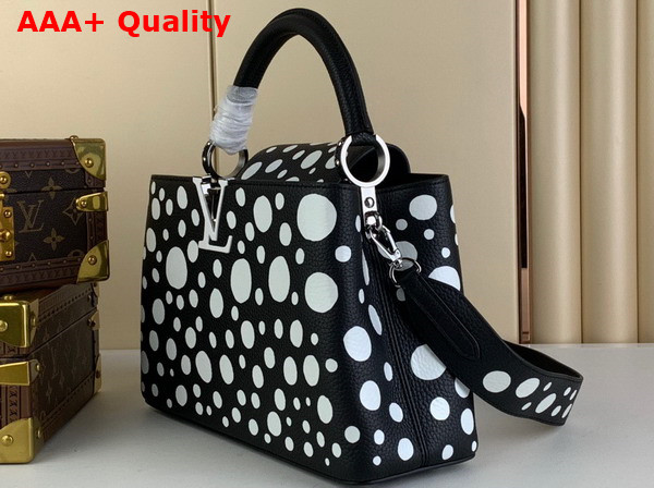 LV x YK Capucines MM Black and White Taurillon Bull Calf Leather with Infinity Dots Print Replica