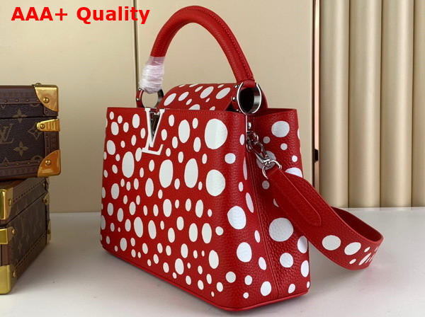 LV x YK Capucines MM Handbag in Red and White Taurillon Bull Calf Lather with Infinity Dots Print Replica