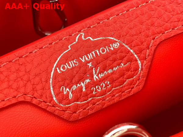 LV x YK Capucines MM Handbag in Red and White Taurillon Bull Calf Lather with Infinity Dots Print Replica