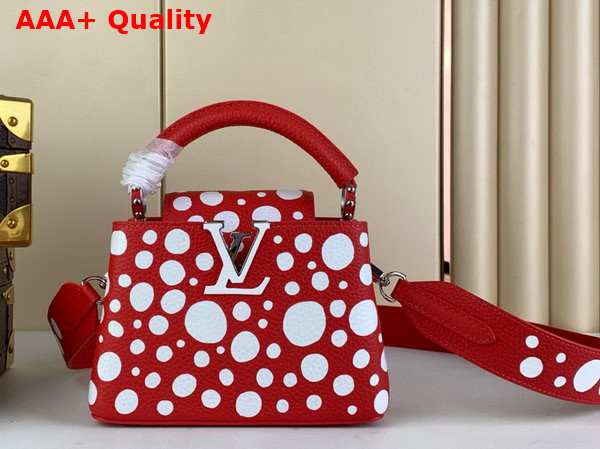 LV x YK Capucines Mini Handbag in Red and White Taurillon Bull Calf Lather with Infinity Dots Print M21692 Replica