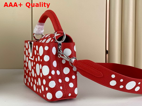 LV x YK Capucines Mini Handbag in Red and White Taurillon Bull Calf Lather with Infinity Dots Print M21692 Replica