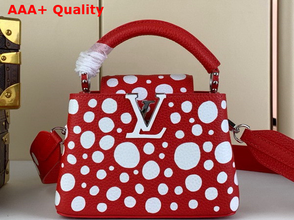 LV x YK Capucines Mini Handbag in Red and White Taurillon Bull Calf Lather with Infinity Dots Print M21692 Replica