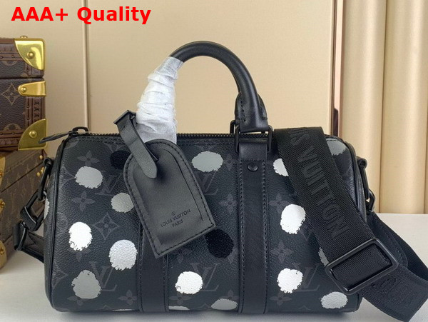 LV x YK Keepall 25 Black and Silver Monogram Eclipse Coated Canvas with 3D Painted Dots Print M46406 Replica